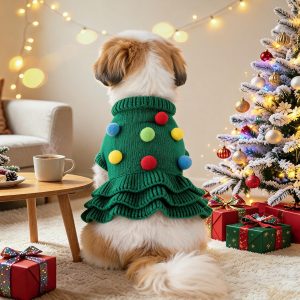Christmas Tree Dog Sweater, Winter Pom‑pom Warm Knit Clothes for Small Dogs