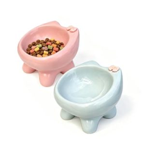 Elevated Ceramic Pet Bowls for Small Cats and Dogs, 15° Tilted Cat Shape Style Cute Pink Blue
